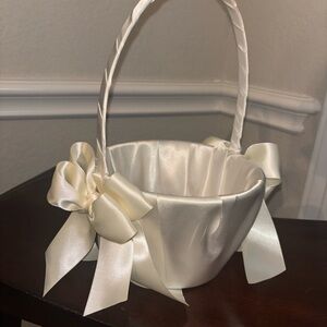 Elegant Cream Satin Flower Girl Basket with Bows